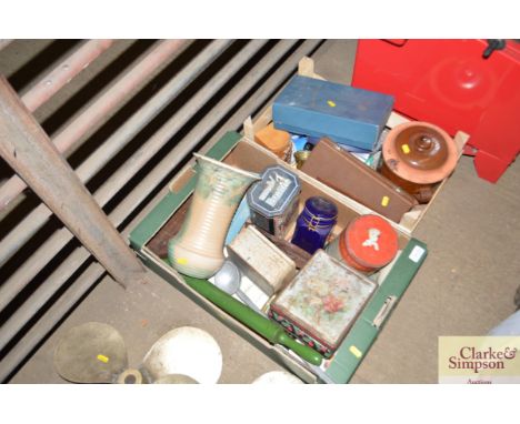 Two boxes of various sundry items to include vintage tin storage jar, pair of bellows made at disabled sailors workshop, art 