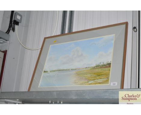 A watercolour and pastel study depicting a river scene signed J D K M to bottom right