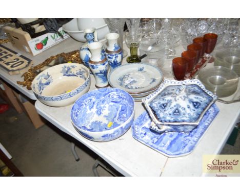 A quantity of blue and white china to include Spode "Italian" ware; a pair of vases; a Delft jug; side plates; tureen and cov