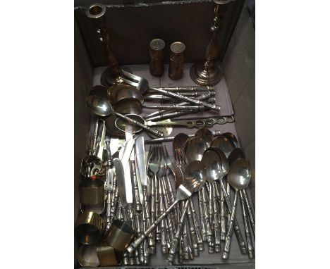 CARTON OF BRONZE CUTLERY INCL; 2 CANDLE STICKS, NAPKIN RINGS &amp; A PAIR OF CANDLE STICKS
