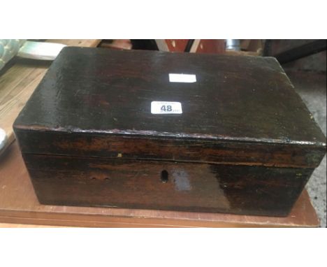 WOODEN BOX CONTAINING VINTAGE TOOLS, WEIGHTS, OIL CAN ETC