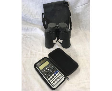 PAIR OF PLASTIC  COATED 12 X 50 BINOCULARS WITH CASE &amp; A CASIO CALCULATOR