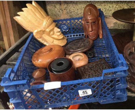 CARTON WITH VARIOUS WOODEN ITEMS INCL; CARVED INDIAN HEAD &amp; TRINKET BOXES