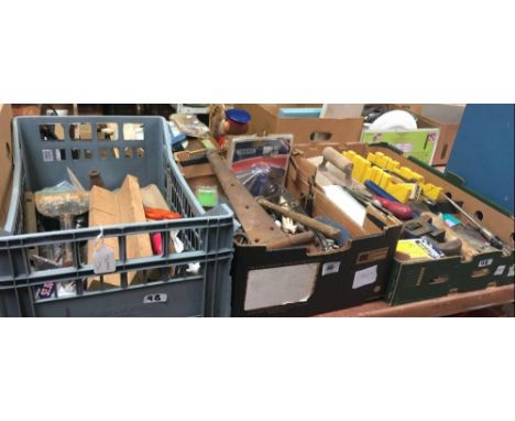 3 CARTONS OF MISC HAND TOOLS INCL; WINDOW LATCHES, HINGES &amp; DOOR FURNITURE