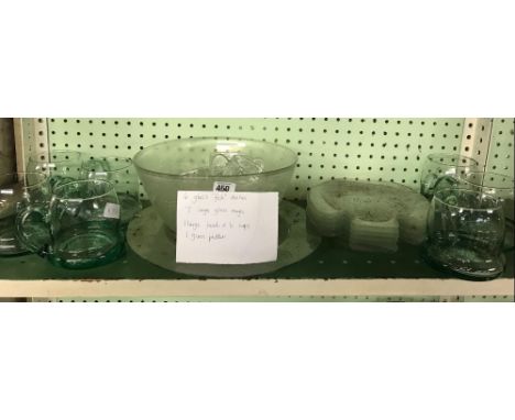 SHELF OF GLASS FISH PLATES, PUNCH BOWL &amp; OTHER GLASSES