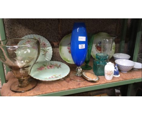 SHELF OF MIXED GLASSWARE, PLATES &amp; CHINAWARE