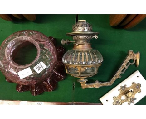 VERY RARE HINKS'S DUPLEX, LARGE VICTORIAN WALL MOUNTED TWIN WICK OIL LAMP WITH BRASS MOUNTINGS &amp; PINK CRANBERRY GLASS SHA