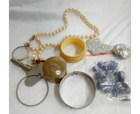 SMALL TUB WITH SMALL BRASS POWDER BOX, A ZIMBABWE SUGAR SCOOP, A BONE NAPKIN RING, SILVER BRACELET, CLOCK KEY &amp; A BROKEN 