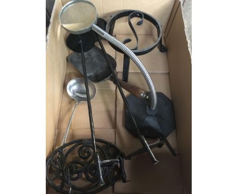 CARTON CONTAINING 2 WROUGHT IRON TALL CANDLE STICK HOLDERS WITH SPIKES, TRIVET &amp; STAND, SMALL BRASS FIRESIDE SHOVEL &amp;