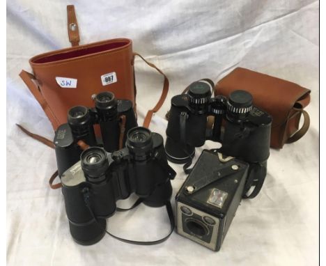 3 PAIRS OF BINOCULARS, 2 WITH CASES &amp; A MODEL 'D' BOXED BROWNIE CAMERA