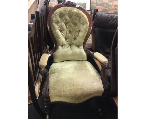 MAHOGANY CARVED GREEN BUTTON BACK FIRESIDE CHAIR