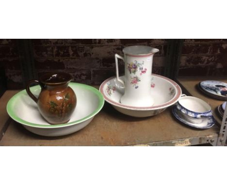 WASH BASIN BY GIBBONS, GLAZED TERRACOTTA JUG, SOUP TUREEN, LARGE GREEN RIMMED WASH BASIN