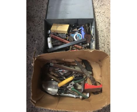 METAL BOX &amp; CARTON WITH QTY OF MISC HAND TOOLS 
