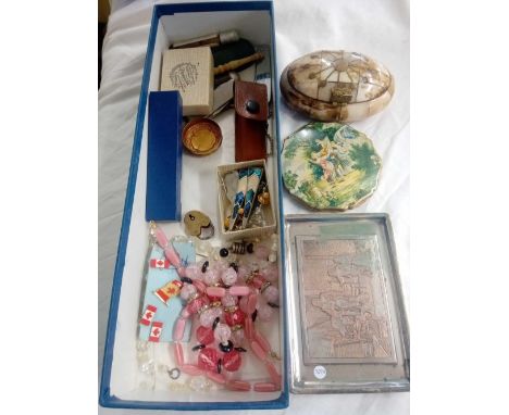 TUB CONTAINING POWDER COMPACT, SMALL EMBOSSED CARD TRAY, POCKET KNIVES, EARRINGS &amp; AN OVAL BRASS EMBOSSED BONE TRINKET BO