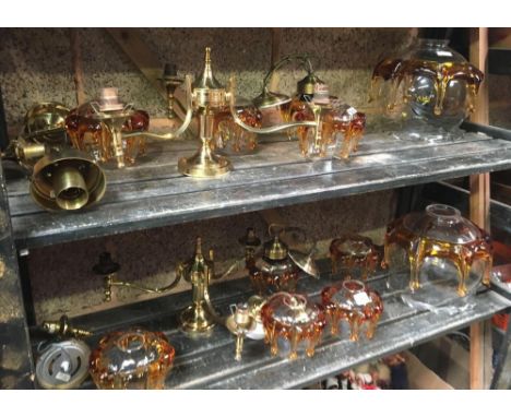 2 SHELVES OF 70's RETRO GLASS &amp; AMBER LIGHT FITTINGS &amp; SHADES
