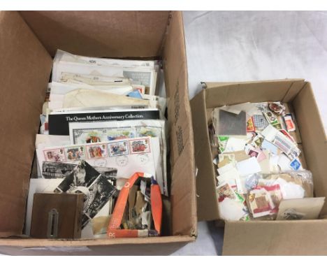 CARTON OF GB FIRST DAY COVERS, LOOSE STAMPS, POSTCARDS ETC