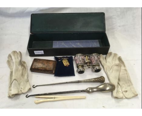GLOVE BOX, OPERA GLASSES, PROGRAMME, GLOVE STRETCHERS, MEDAL, 2 BUTTON HOOKS, GLOVES &amp; SNUFFBOX 
