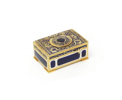 A Karl Griesbaum gilt-metal and enamel singing bird boxGerman, circa 1930With blue and white enamel plaques, some inset with 