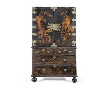 A Queen Anne japanned cabinet on chestCirca 1710-15, decorated with figures, pagodas, trees and flowers within exotic landsca