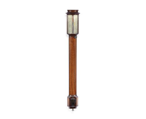 A Scott mahogany stick barometer, Scottish,  early 19th century,signed Scott Dumfries,  the bow fronted mahogany case with eb