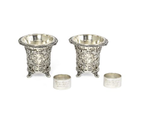 James Bond interest: a pair of silver napkin ringsWilliam Base &amp; Sons, Birmingham 1921 Engraved 'James Bond, 007, On Her 