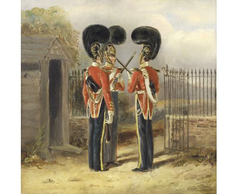 English School, 19th centuryChanging the guard - the 6th Dragoon Guards (The Carabiniers), early 1830soil on canvas 30.5 x 30