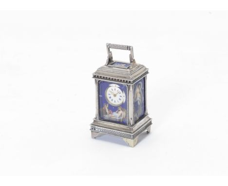 An early 20th century Swiss silver miniature carriage alarm timepiece with enamelled night scenesthe movement stamped Rau &am