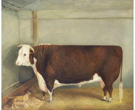 Edwin Frederick Holt (British, 1830-1912)A portrait of a prize bull with a terrier in an interiorsigned, dated and inscribed 