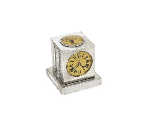 A French silver desk compendiummaker's mark 'LR', the timepiece signed 'Tiffany &amp; Co', circa 1935 Formed as a cube revolv