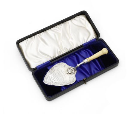 Political Interest: a silver ceremonial trowelmaker's mark 'WID', Birmingham 1938 With ivory handle and fitted case, engraved