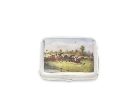 A Victorian silver and enamel cigarette caseHoward James, Birmingham 1888 The front enamelled with a horse racing scene, leng