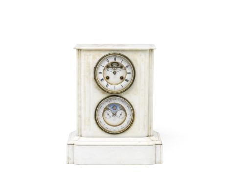 A late 19th century French white marble mantel clock and barometer compendiumthe rectangular moulded case on plinth base, the