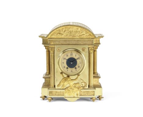 A late 19th century French gilt brass mantel clockthe dial signed J.W. Benson Ltd, 62. Ludgate Hill, Londonthe arched archite