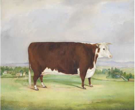 Edwin Frederick Holt (British, 1830-1912)Portrait of a prize cow in a landscapesigned, dated and inscribed 'E.F.Holt.1870/No5