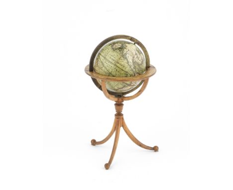 A rare Leonard Cushee 2½ inch terrestrial globe on stand,  English,  mid 18th century,cartouche printed A New GLOBE of the EA