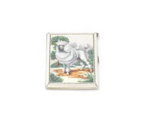 A silver and enamel cigarette caseMappin &amp; Webb, Birmingham 1938 Enamelled with an image of a poodle over an opalescent e