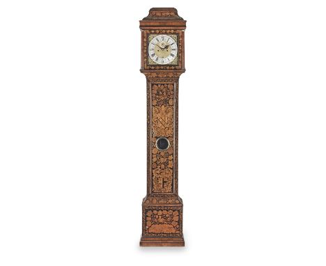 A late 17th century walnut marquetry longcase clock with rare inlaythe dial signed Thomas West, Londonthe hood with caddy top