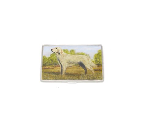 A silver and enamel cigarette caseHarman Brothers, Birmingham 1947 The front enamelled with an image of an English setter, th