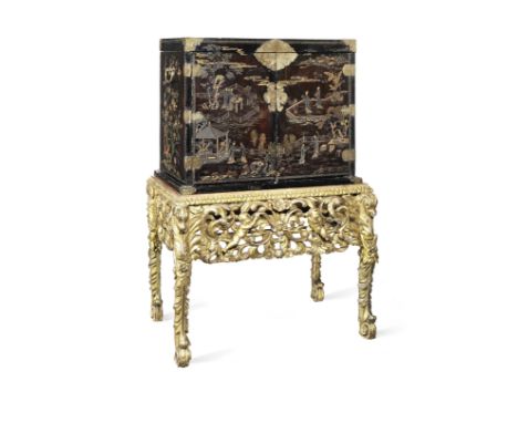 A Chinese export late 17th century bantamwork cabinet on a William and Mary giltwood standDecorated with figures, pagodas, tr