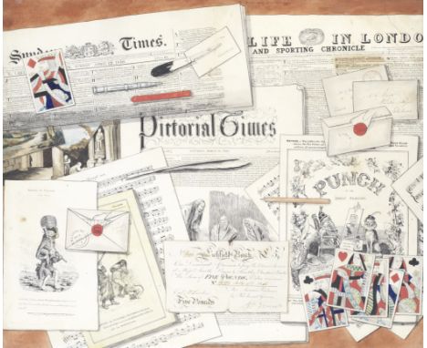 English School, 19th centuryTrompe l'oeil with various newspapers and magazines dated 1846, letters, cartoons and cards water