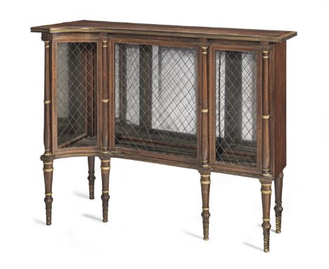 A pair of late George III brass mounted rosewood, satinwood crossbanded and sycamore line-inlaid low corner display cabinetsC