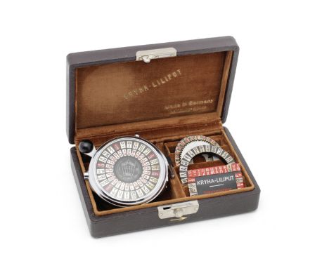A rare Kryha-Liliput cipher machine, German, circa 1930,the velvet lined leather case fitted with watch-form nickel-plated ci