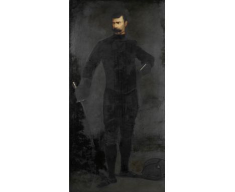 Vereker Monteith Hamilton (British, 1856-1931)A portrait of monsieur Thiriet  with a rapier and fencing mask signed and dated