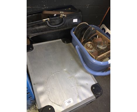 A bucket, a case and a box of various tools to include spanners, sockets, etc 