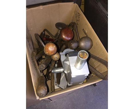 A box of tools, including brace and bit drills, pillar drill stand etc 