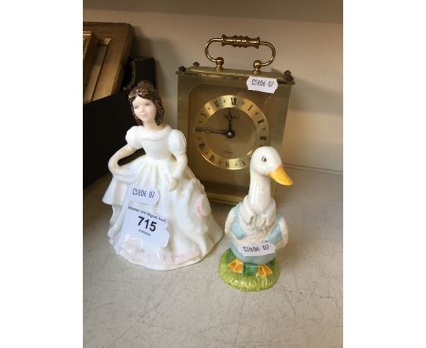 Doulton figurine, Beatrix Potter figurine and carriage clock 