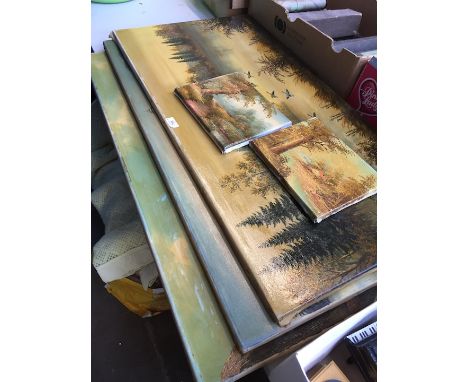 Large unframed oil by R. Hirschel, two other large oils and two small oils by various artists 