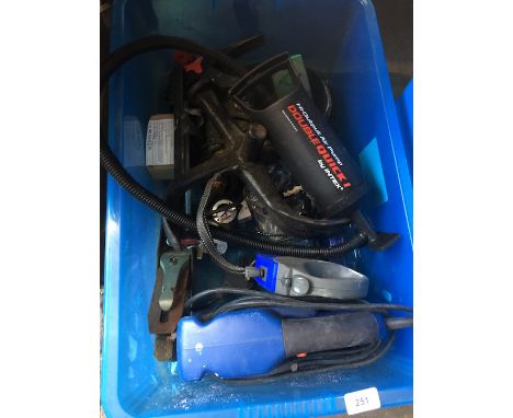 A box of tools including Draper electric sander, shoe last, plane etc 
