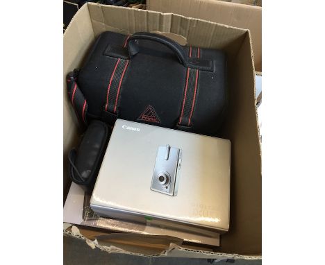 A box of photographic items, Canon Ixus camera, gadget bag, and a 7" digital phjoto frame 
