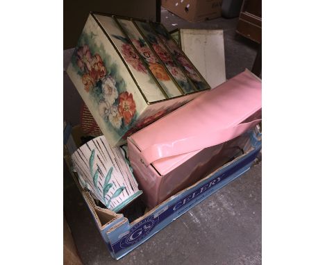 A box of mixed items inc pottery lamp, boxes, jug etc 